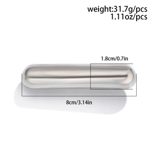 Polished silver metal elastic hair band showing 8cm length and 31.7g weight specs