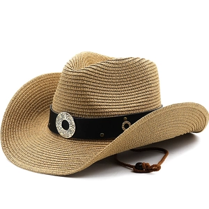 Western Cowboy Straw Hat Wide Brim Sun Hat With Leather Band Metal Buckle For Outdoor Travel Summer