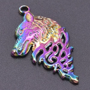 Macro shot of iridescent wolf head pendant with intricate hollow design and metallic finish