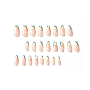 24pcs blue and yellow french coffin press-on nails with white flower patterns
