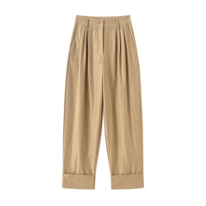 Women High Waisted Wide Leg Pants Khaki Pleated Casual Office Trousers With Cuffed Hem Fashion Chic Harem Style