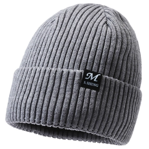 Grey ribbed knit beanie for men featuring a folded cuff and branded square label