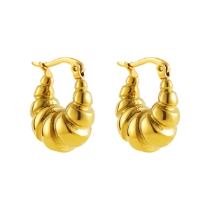 Close-up of gold hollow croissant earrings with spiral texture and latch back closure