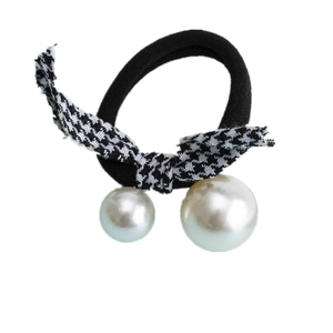 Handmade houndstooth bow hair tie with elegant faux pearls and black elastic band