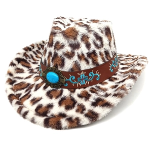 Detail of leopard print faux fur cowboy hat with turquoise and leather band