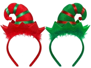 Set of two festive plush Christmas elf hat headbands with velvet ribbons and soft feathers