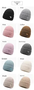 Detailed grid view showcasing ten vibrant color options of knitted wool beanies with logo