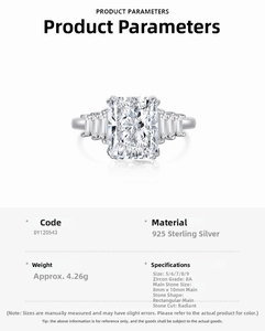 Macro detail of S925 silver ring featuring 8A radiant cut zircon with specifications