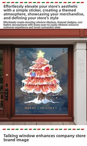 Detail of a red Christmas tree window sticker with Merry Christmas text on a glass door