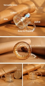 Detailed view of striped glass mugs with wooden lids and metal spoons in warm tones