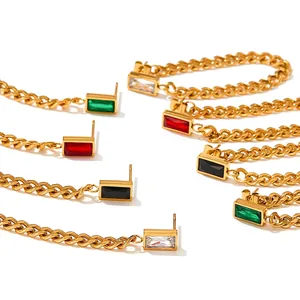 Elegant gold chain tassel earrings with vibrant emerald green rectangular gemstones