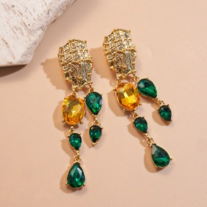 Vintage Geometric Drop Earrings With 925 Sterling Silver Earring Post Hammered Alloy Multi-Color Rhinestones Bohemian Style For Women