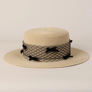 Women Boater Straw Hat Natural Grass Flat Top Wide Brim With Mesh Veil And Velvet Bows French Retro Sunshade Breathable