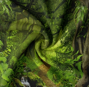 Close-up of the wrinkle-resistant polyester forest landscape tapestry fabric texture