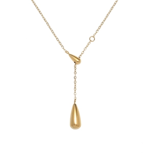 Minimalist gold Y-shaped necklace with polished double teardrop tassels in stainless steel