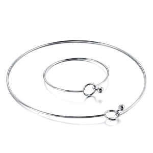 Minimalist silver stainless steel collar and bracelet set with round ring charms
