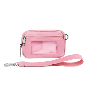 Detail view of pink nylon card holder with clear ID window and detachable wrist lanyard