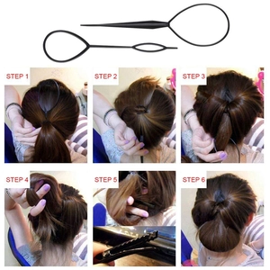 Step-by-step tutorial for using black hair styling tools including topsy tails and clips