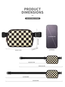 Size guide for checkered crossbody belt bag showing dimensions in cm and inches