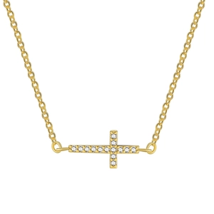 Minimalist gold sideways cross necklace featuring pave cubic zirconia crystals for women