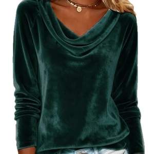 Elegant dark green velvet long sleeve top for women featuring a draped cowl neckline