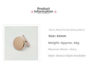 Detailed product specifications for a 65mm rose gold metal foldable pocket makeup mirror