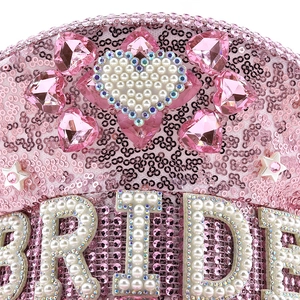 Pink sequin captain hat with BRIDE pearl text and rhinestone heart for wedding parties