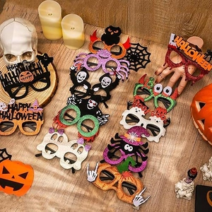 Halloween glitter party glasses set featuring pumpkin, ghost and bat designs for kids