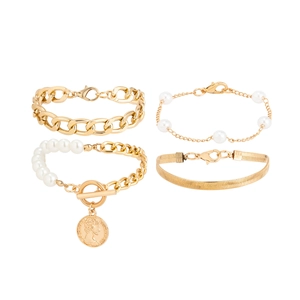 Detail of four-piece gold bracelet set with pearls, curb chain and queen coin pendant