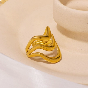 Wavy Geometric Multi-Layer Ring 18K Gold Plated Stainless Steel Adjustable Open Band Waterproof Hypoallergenic Jewelry