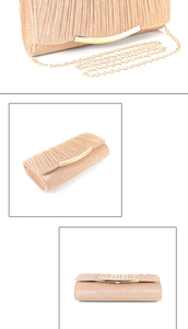 Detailed views of champagne gold evening clutch with pleated texture and golden chain