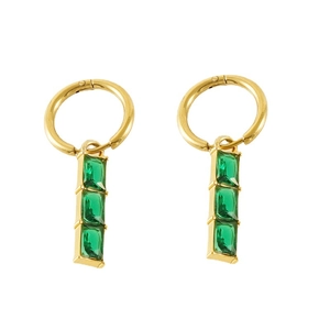 18K gold plated stainless steel hoop earrings with triple rectangular green zircon drops