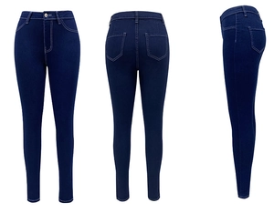 Detailed views showing the high-waisted fit and push-up design of dark blue denim jeans