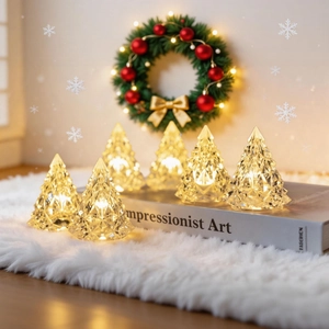 Iceberg Christmas tree night light set with 6 crystal warm LED lamps on white fur