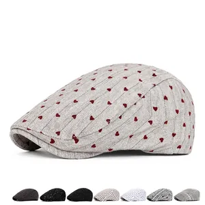 Vintage flat cap for women featuring red heart embroidery and herringbone fabric options