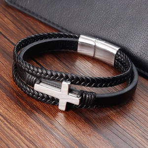 Men's Multi Layer Braided Leather Bracelet With Stainless Steel Cross Charm And Magnetic Clasp Fashion Jewelry Gift