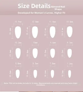 Size chart showing 24 pieces of almond-shaped press-on nails in 12 different sizes