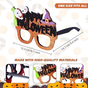 Glittery Halloween theme glasses for kids featuring pumpkin and bat shapes in various colors
