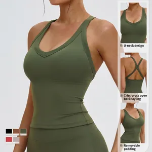Débardeur de yoga vert olive avec col en U, dos croisé ajouré et coussinets amovibles