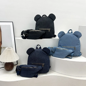 Cute Bear Ears Denim Canvas Backpack And Waist Bag Women Girls Casual Travel Simple Versatile Fashion Bag