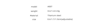 Specifications of adjustable titanium steel ring showing size, weight, and model A007 info