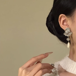 Vintage floral silver earrings with sparkling crystals and a dangling teardrop pearl