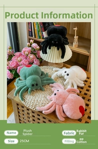 Detailed view of 25cm soft plush spider toy with faux rabbit fur and red heart decoration