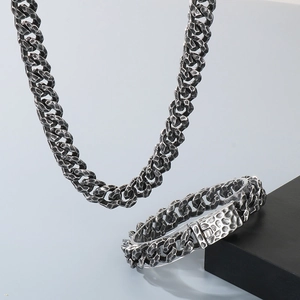 Hammered texture titanium steel Cuban chain necklace and bracelet set in deep silver finish