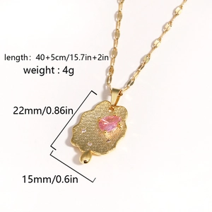 Detail of gold-plated cloud pendant with pink pear-shaped stone and size measurements