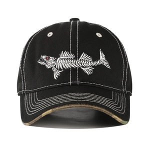 Men's black baseball cap with white fishbone embroidery and camouflage brim detail