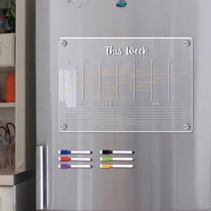 Clear acrylic magnetic weekly planner on fridge with six colorful markers and notes