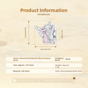 Detailed view of pink butterfly 925 silver spacer bead with size and weight specs
