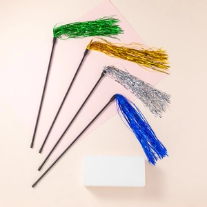Detailed set of four cat teaser wands with shiny metallic tassels in green, gold, silver, and blue