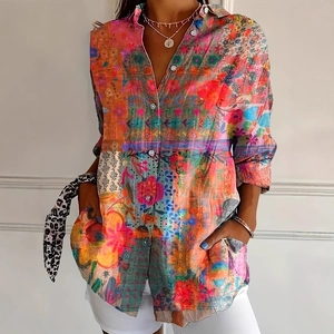Casual long sleeve button-up shirt with vibrant vintage floral print and front pockets